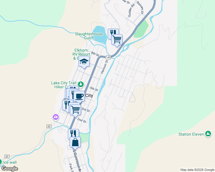 map of restaurants, bars, coffee shops, grocery stores, and more near 800-802 Lake Street in Lake City