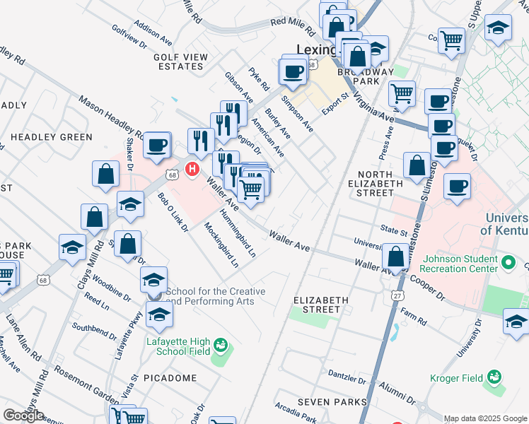 map of restaurants, bars, coffee shops, grocery stores, and more near 1349 Royalty Court in Lexington