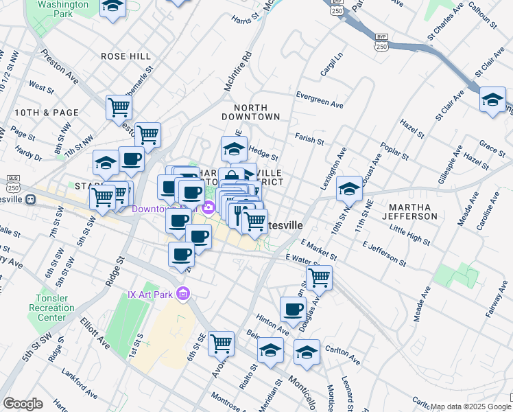 map of restaurants, bars, coffee shops, grocery stores, and more near 500 Court Square in Charlottesville