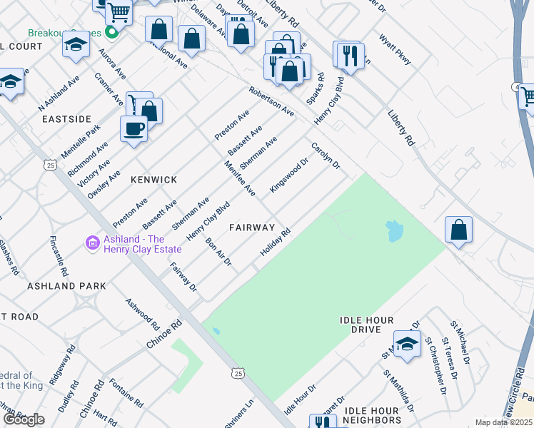 map of restaurants, bars, coffee shops, grocery stores, and more near 365 Queensway Drive in Lexington