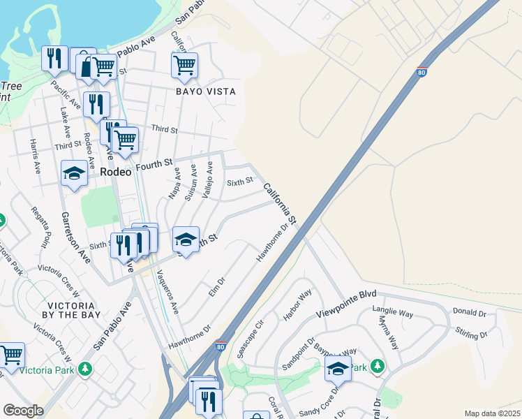 map of restaurants, bars, coffee shops, grocery stores, and more near 1371 Seventh Street in Rodeo