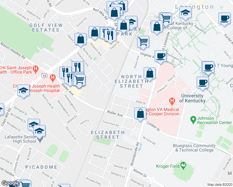 map of restaurants, bars, coffee shops, grocery stores, and more near 223 State Street in Lexington