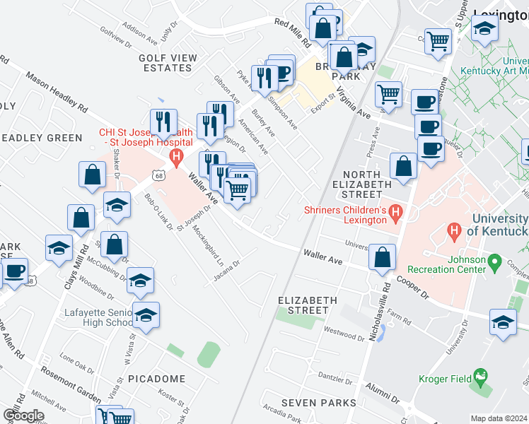 map of restaurants, bars, coffee shops, grocery stores, and more near 1344 Royalty Court in Lexington
