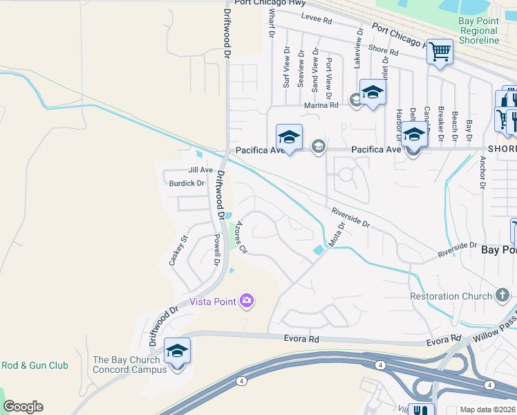 map of restaurants, bars, coffee shops, grocery stores, and more near 649 Azores Circle in Bay Point