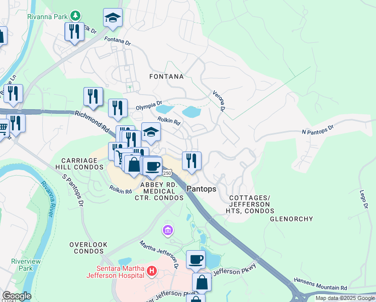 map of restaurants, bars, coffee shops, grocery stores, and more near 417 Rolkin Road in Charlottesville