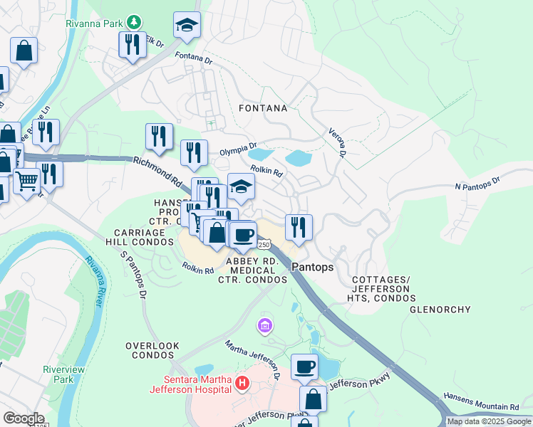 map of restaurants, bars, coffee shops, grocery stores, and more near 321 Rolkin Road in Charlottesville