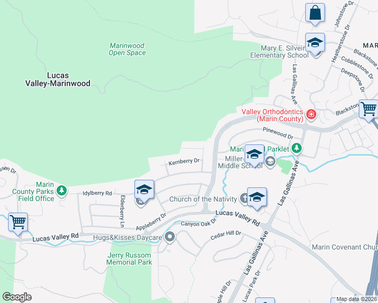 map of restaurants, bars, coffee shops, grocery stores, and more near 575 Loganberry Drive in San Rafael