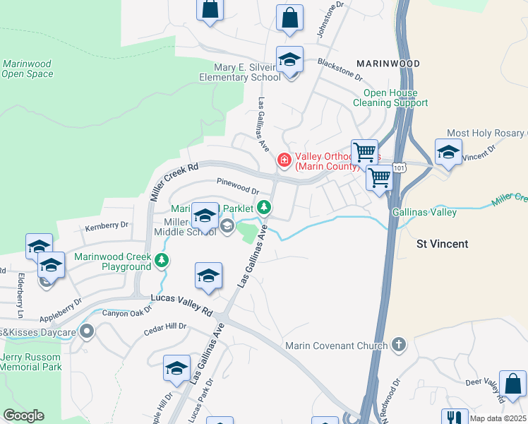 map of restaurants, bars, coffee shops, grocery stores, and more near 2305 Las Gallinas Avenue in San Rafael