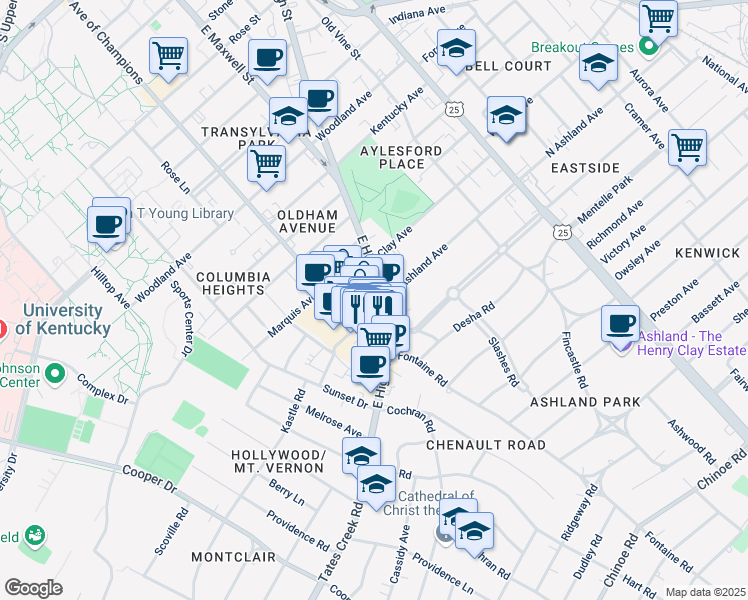 map of restaurants, bars, coffee shops, grocery stores, and more near 307 S Ashland Ave in Lexington