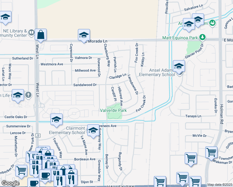 map of restaurants, bars, coffee shops, grocery stores, and more near 8916 Cardiff Place in Stockton