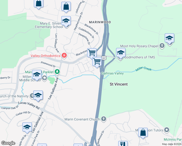 map of restaurants, bars, coffee shops, grocery stores, and more near 4 Majorca Court in San Rafael