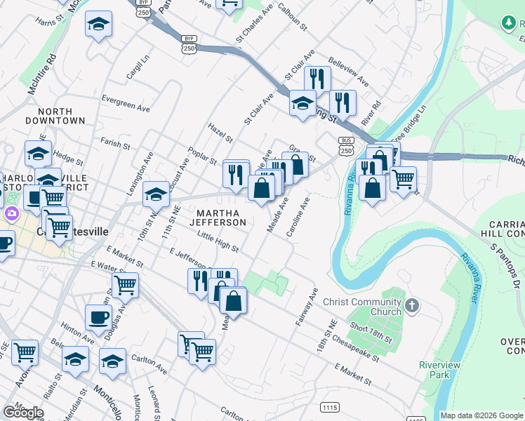 map of restaurants, bars, coffee shops, grocery stores, and more near 509 Stewart Street in Charlottesville