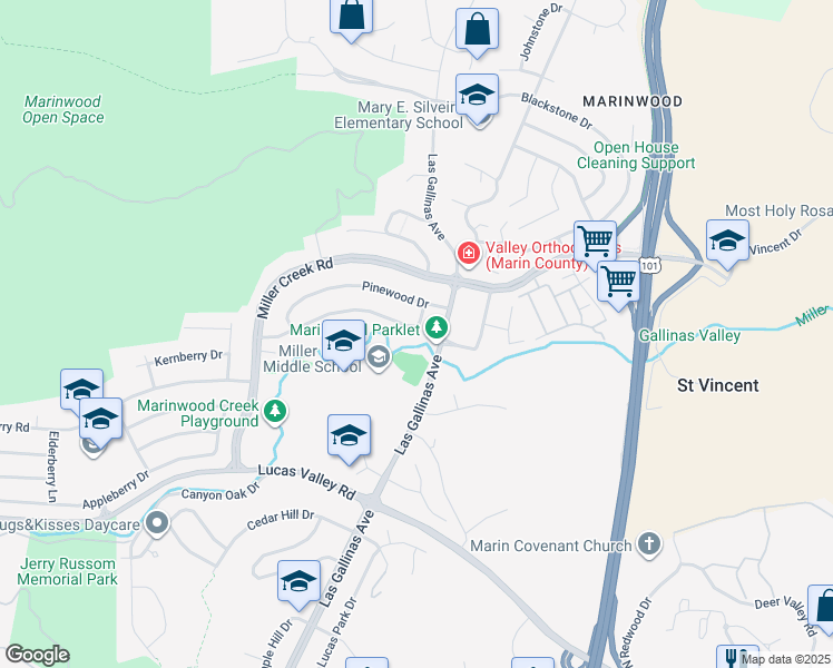 map of restaurants, bars, coffee shops, grocery stores, and more near 2305 Las Gallinas Avenue in San Rafael