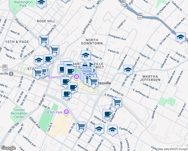 map of restaurants, bars, coffee shops, grocery stores, and more near 500 Court Square in Charlottesville
