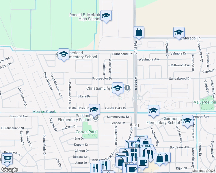 map of restaurants, bars, coffee shops, grocery stores, and more near 1020 Wrangler Circle in Stockton