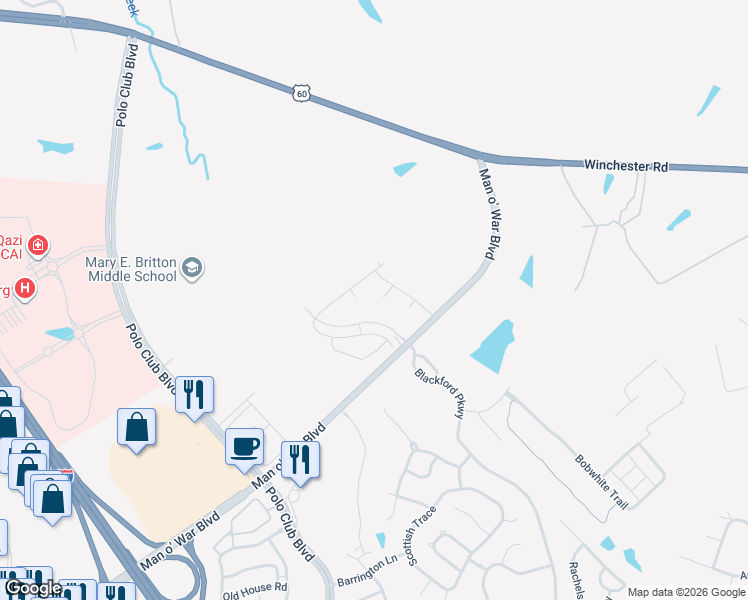 map of restaurants, bars, coffee shops, grocery stores, and more near 6479-6537 Man O War Boulevard in Lexington