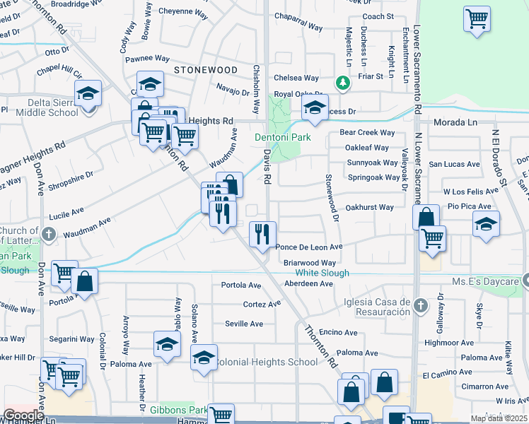 map of restaurants, bars, coffee shops, grocery stores, and more near 8905 Davis Road in Stockton