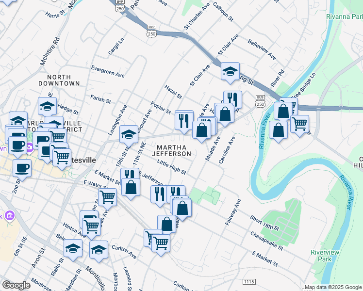 map of restaurants, bars, coffee shops, grocery stores, and more near 511 13th St NE in Charlottesville