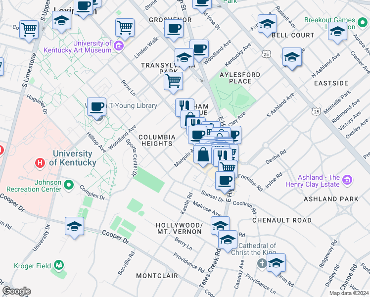 map of restaurants, bars, coffee shops, grocery stores, and more near 408 Marquis Avenue in Lexington