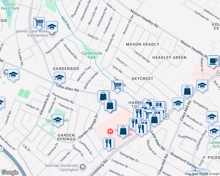 map of restaurants, bars, coffee shops, grocery stores, and more near 841 Lane Allen Road in Lexington