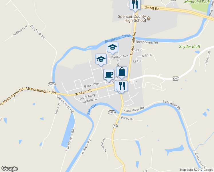 map of restaurants, bars, coffee shops, grocery stores, and more near 501 E Main St in Taylorsville