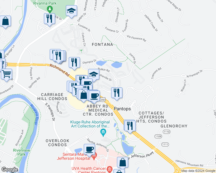 map of restaurants, bars, coffee shops, grocery stores, and more near 1529 Montessori Terrace in Charlottesville