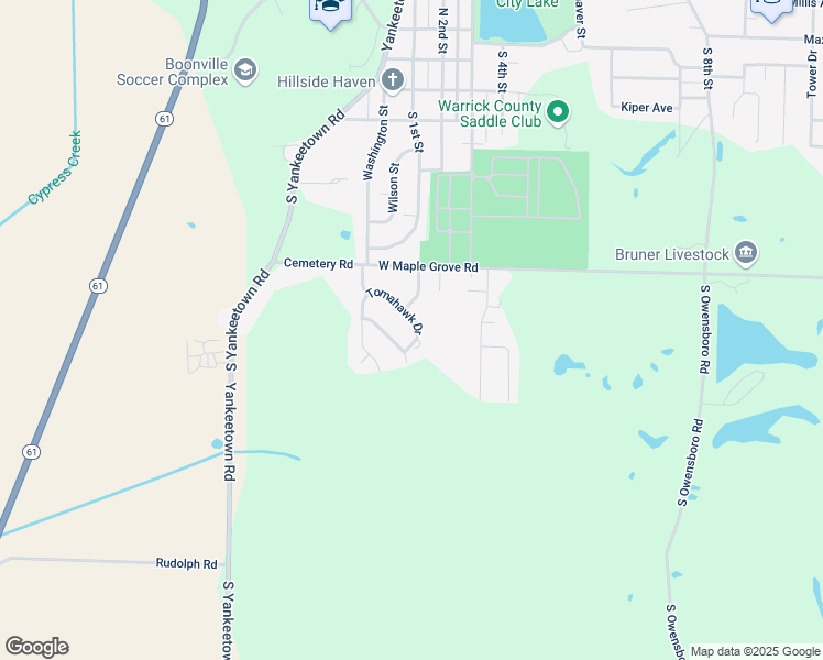 map of restaurants, bars, coffee shops, grocery stores, and more near 1700-1798 South Moccasin Drive in Boonville