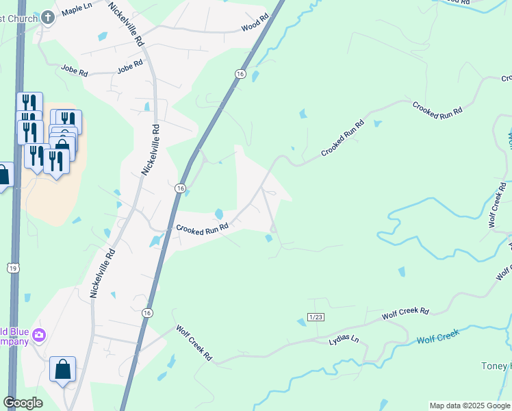 map of restaurants, bars, coffee shops, grocery stores, and more near 322 Crooked Run Road in Fayetteville