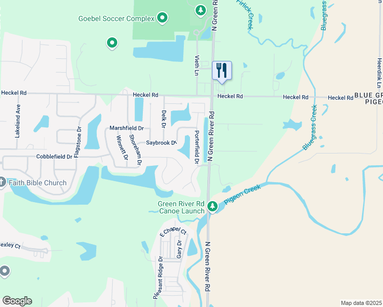 map of restaurants, bars, coffee shops, grocery stores, and more near 5828 Porterfield Drive in Evansville