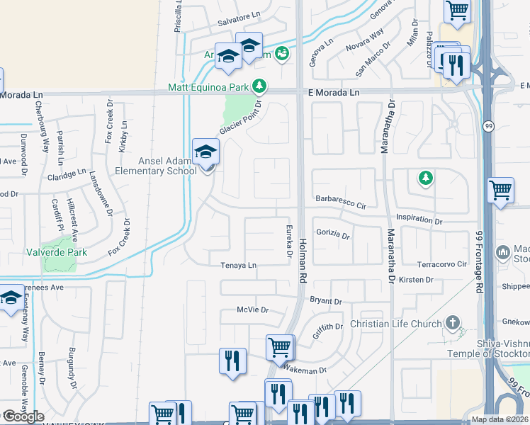 map of restaurants, bars, coffee shops, grocery stores, and more near 3375 Matterhorn Drive in Stockton