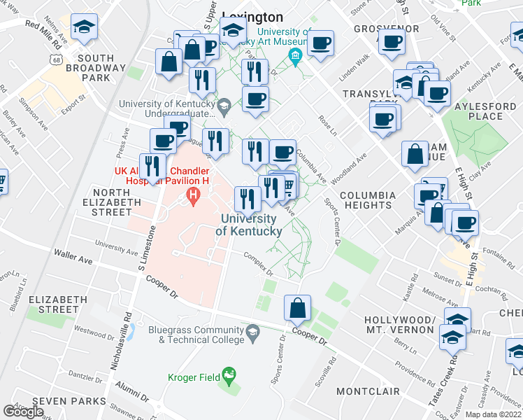 map of restaurants, bars, coffee shops, grocery stores, and more near 1120 University Drive in Lexington