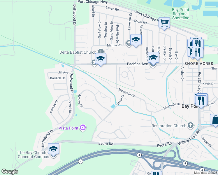 map of restaurants, bars, coffee shops, grocery stores, and more near 251 Riverside Dr in Bay Point