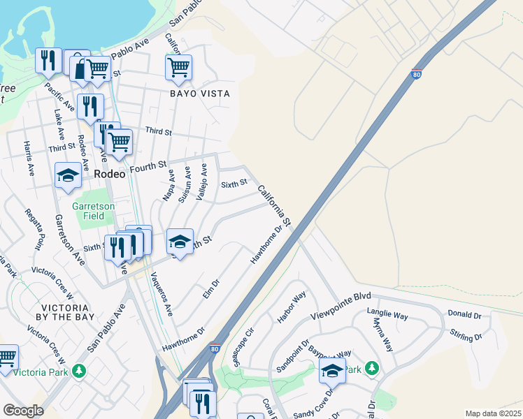 map of restaurants, bars, coffee shops, grocery stores, and more near 1385 Seventh Street in Rodeo