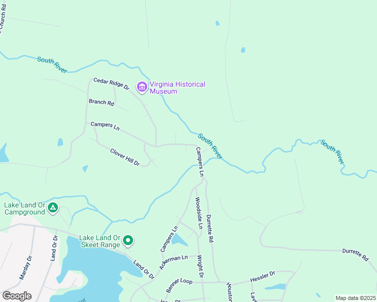 map of restaurants, bars, coffee shops, grocery stores, and more near 845 Campers Lane in Ruther Glen