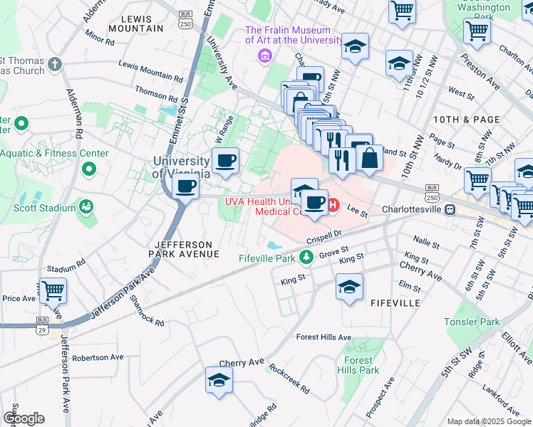 map of restaurants, bars, coffee shops, grocery stores, and more near 420 Monroe Lane in Charlottesville