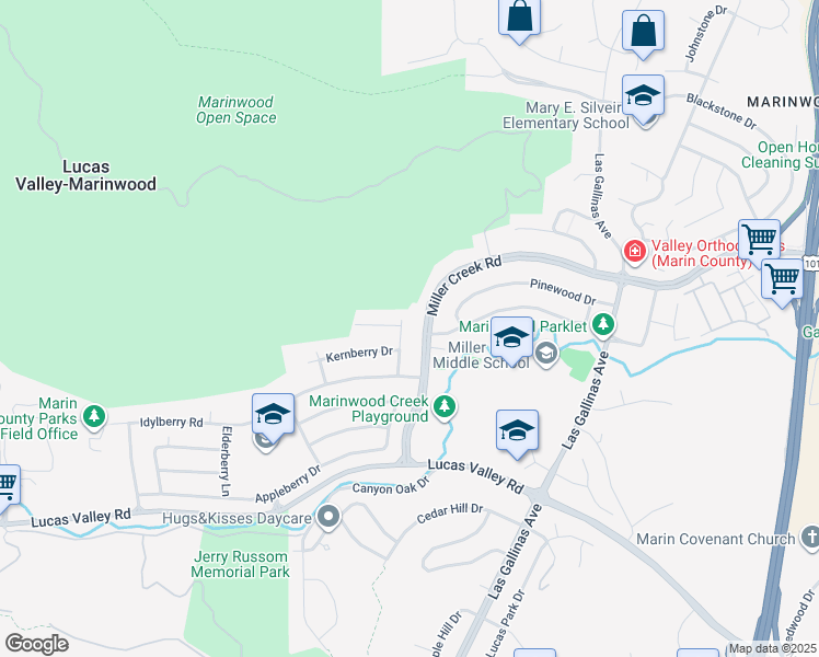 map of restaurants, bars, coffee shops, grocery stores, and more near 2250 Juniperberry Drive in San Rafael