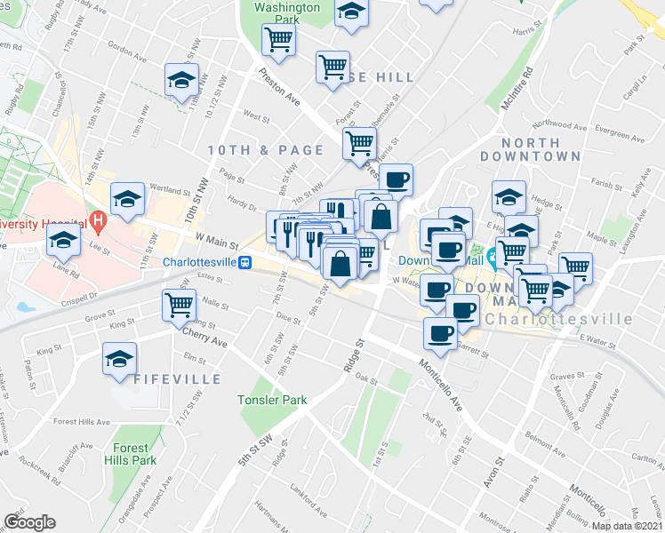 map of restaurants, bars, coffee shops, grocery stores, and more near 501 West Main Street in Charlottesville