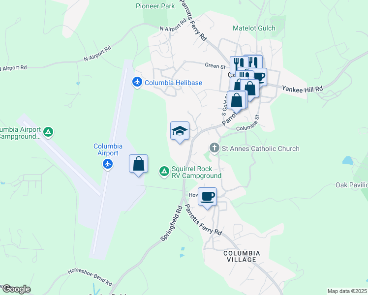 map of restaurants, bars, coffee shops, grocery stores, and more near 22540 Parrots Ferry Road in Columbia