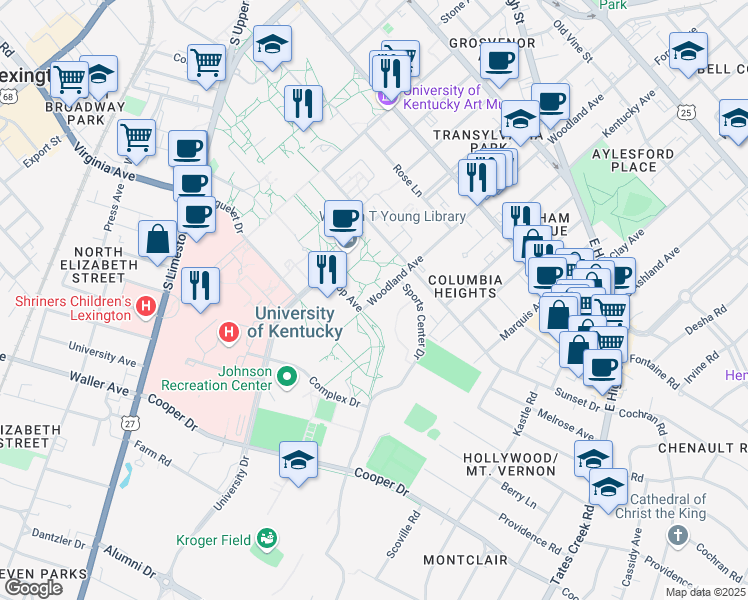 map of restaurants, bars, coffee shops, grocery stores, and more near 720 Woodland Avenue in Lexington