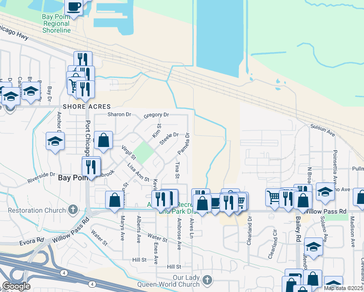 map of restaurants, bars, coffee shops, grocery stores, and more near 33 Pamela Court in Bay Point