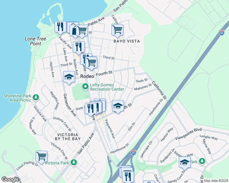 map of restaurants, bars, coffee shops, grocery stores, and more near 530 Suisun Avenue in Rodeo