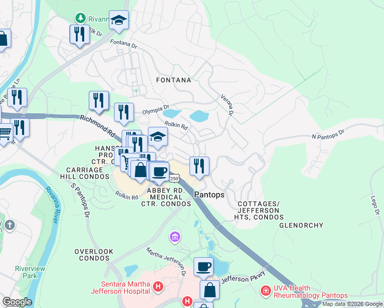 map of restaurants, bars, coffee shops, grocery stores, and more near 1514 Montessori Terrace in Charlottesville