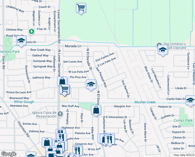 map of restaurants, bars, coffee shops, grocery stores, and more near 8817 North El Dorado Street in Stockton