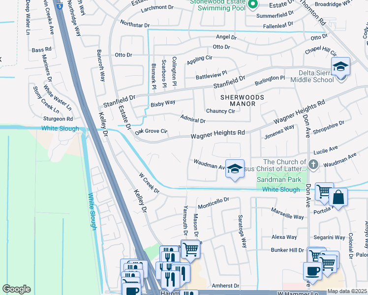 map of restaurants, bars, coffee shops, grocery stores, and more near 3110 Wagner Heights Road in Stockton