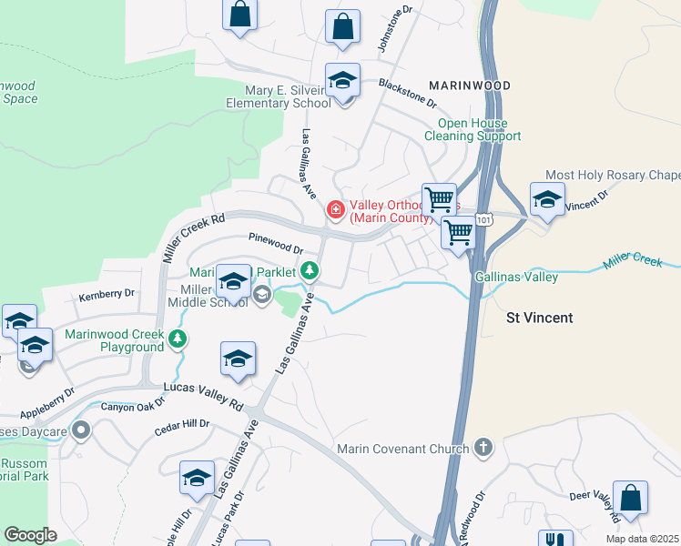 map of restaurants, bars, coffee shops, grocery stores, and more near 61 Roundtree Boulevard in San Rafael