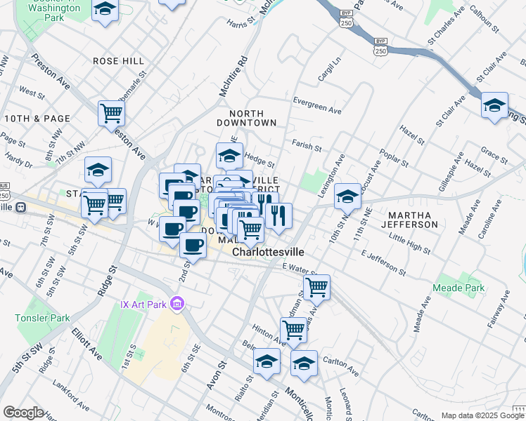 map of restaurants, bars, coffee shops, grocery stores, and more near 222 6th Street Northeast in Charlottesville