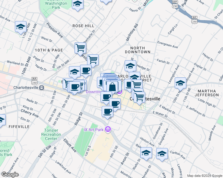 map of restaurants, bars, coffee shops, grocery stores, and more near 100 West Main Street in Charlottesville