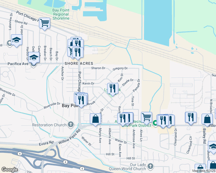 map of restaurants, bars, coffee shops, grocery stores, and more near 113 Shellie Court in Bay Point
