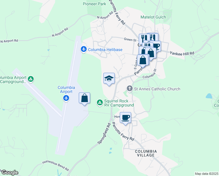 map of restaurants, bars, coffee shops, grocery stores, and more near 22540 Parrots Ferry Road in Columbia