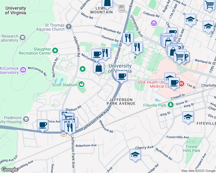 map of restaurants, bars, coffee shops, grocery stores, and more near 233 Montebello Circle in Charlottesville